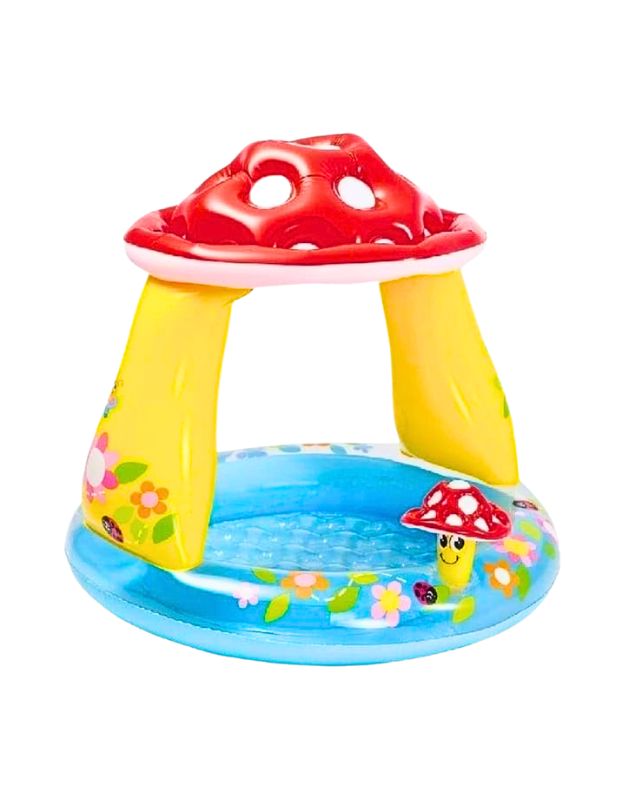 Intex mushroom baby pool with a red sunshade.